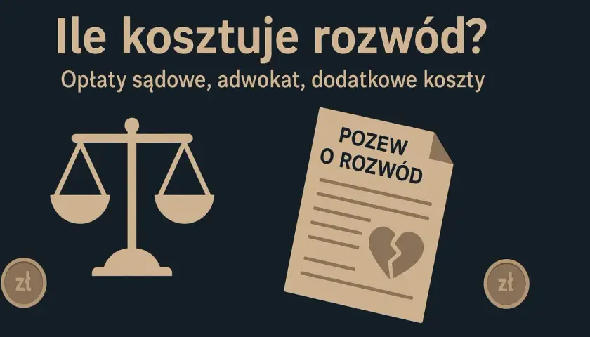 Grafika przedstawia wagę sprawiedliwości, pozew o rozwód ze złamanym sercem i monety zł.