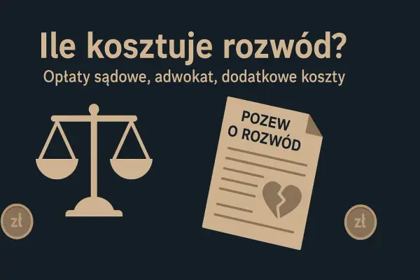 Grafika przedstawia wagę sprawiedliwości, pozew o rozwód ze złamanym sercem i monety zł.